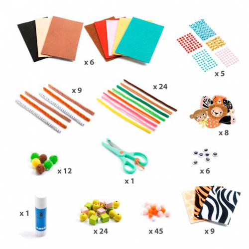 Detalhe de todos os materiais incluídos na Djeco Caixa de Construção de Animais da Selva, com quantidades especificadas.