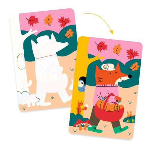Duas tábuas de pintura mágica Djeco, uma em branco e outra colorida, revelando uma raposa no outono.