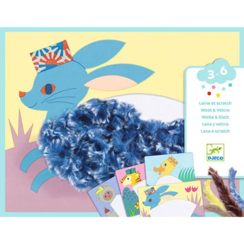 Kit de colagens Djeco Lã & Velcro com chapéus, mostrando um coelho azul com lã fofa e cartões de animais.