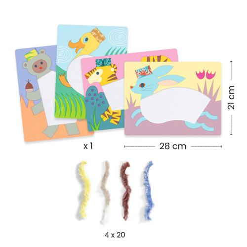 Conteúdo do kit Djeco de colagens Lã & Velcro, com quatro cartões de animais e quatro cores de lã, dimensões visíveis.