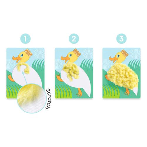 Passos para criar colagens Djeco com lã e velcro, demonstrando a aplicação de lã amarela no pato.