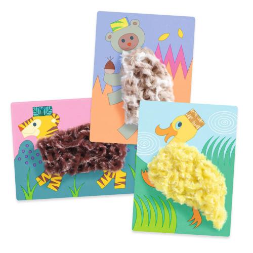 Três criações completas Djeco de colagens com lã e velcro, apresentando um urso, um tigre e um pato com texturas fofas.