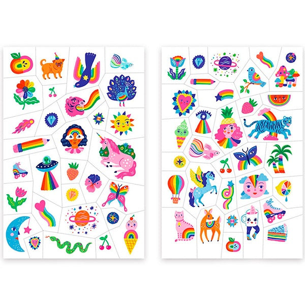 Duas folhas cheias de tatuagens temporárias Djeco Arco-Íris Efeito Néon, com mais de 50 designs variados e coloridos.