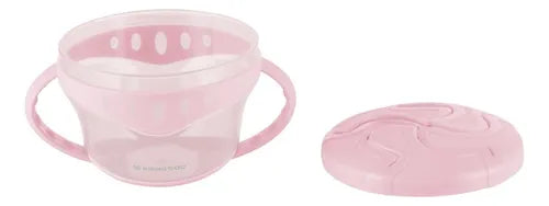 Kikkaboo Porta snacks Snack-Me-Up Pink desmontado, mostrando o recipiente com pegas e a tampa flexível.