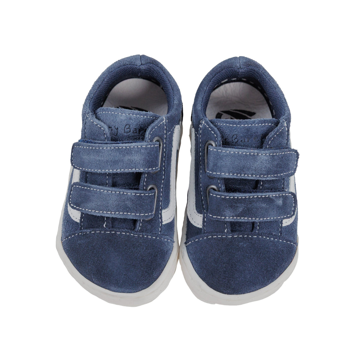 Par de sapatilhas Bunny Barefoot Zebra Azul Marinho em camurça com duplo velcro, vista de cima.