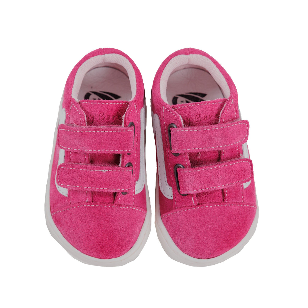 Par de sapatilhas Bunny Barefoot Zebra Rosa em camurça com duplo velcro, vista de cima.