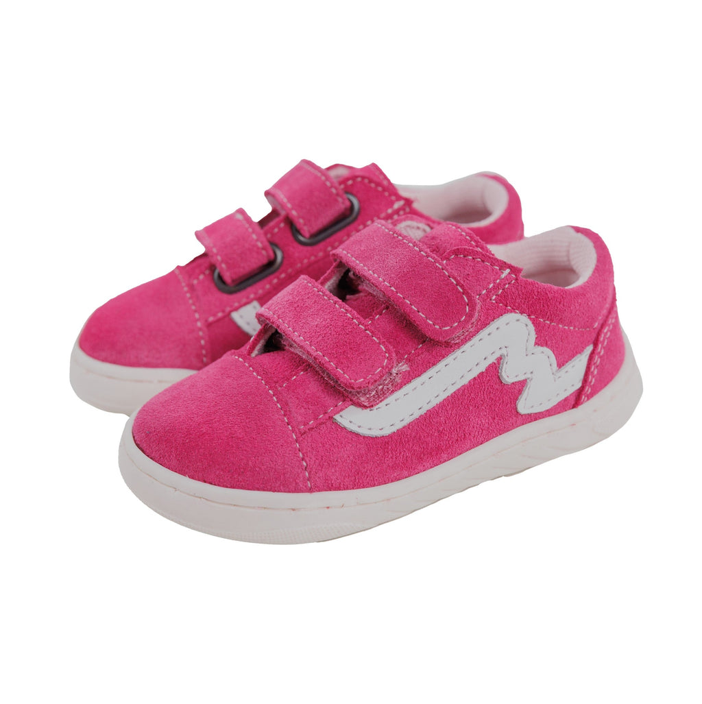 Sapatilhas Bunny Barefoot Zebra Rosa com duplo velcro e risca branca, vista lateral.