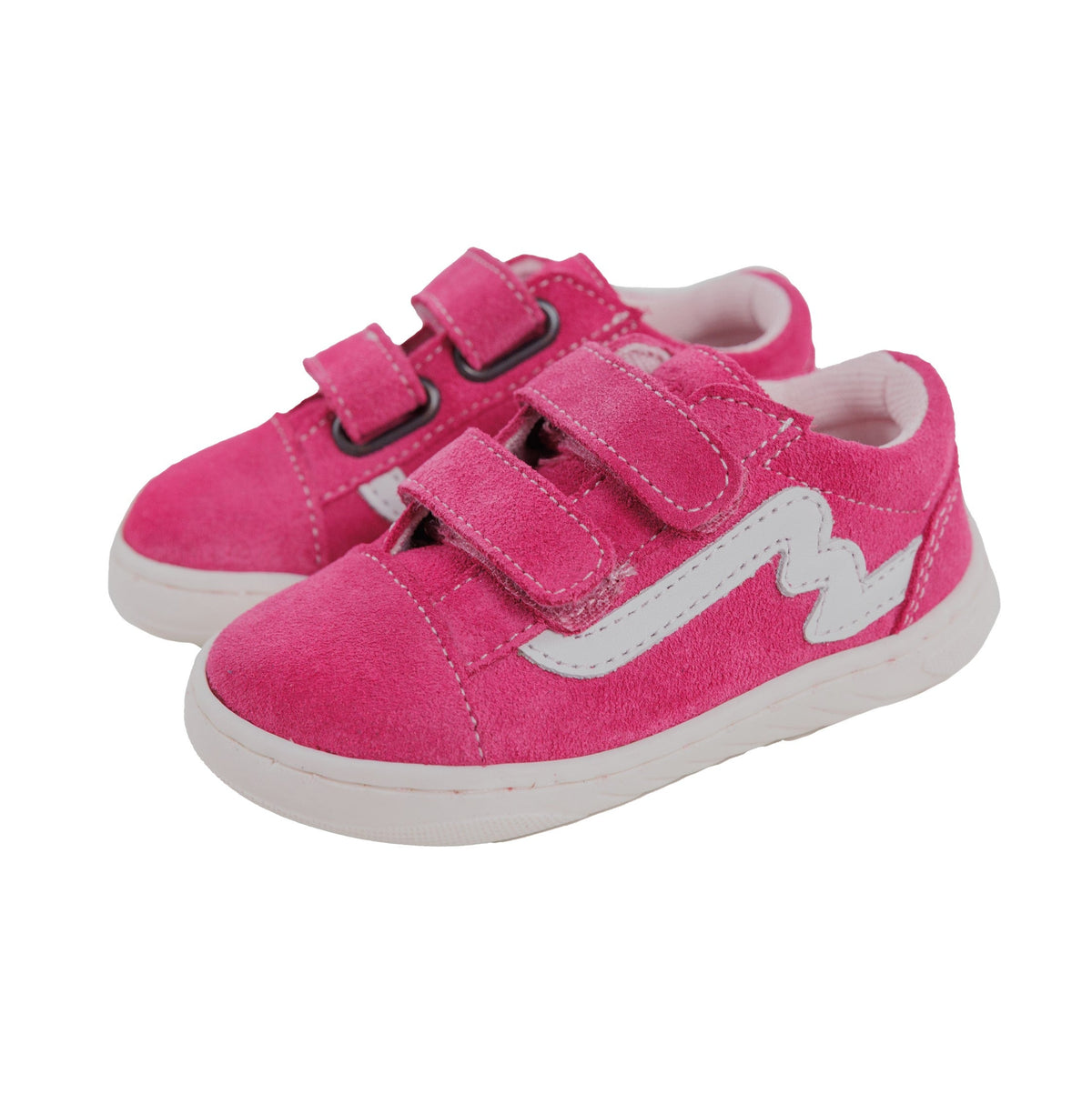 Sapatilhas Bunny Barefoot Zebra Rosa com duplo velcro e risca branca, vista lateral.