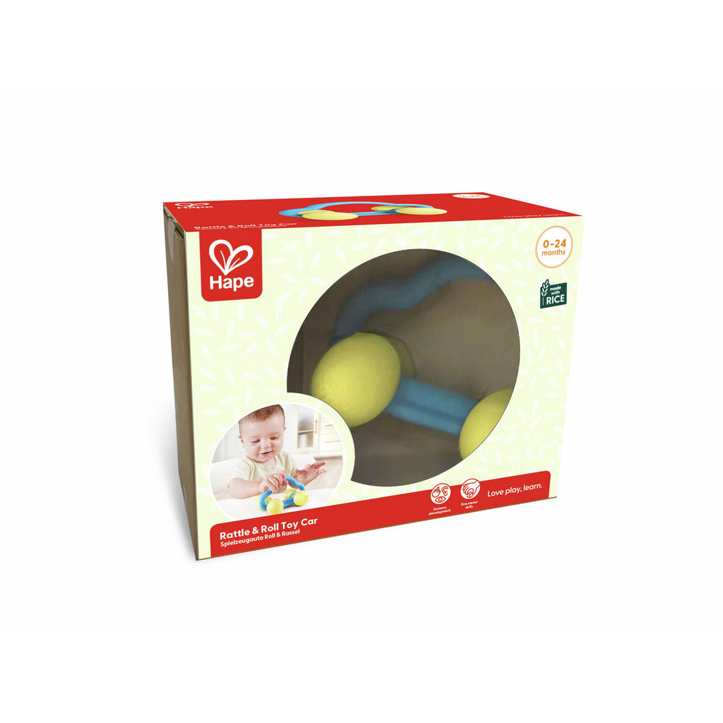 Carrinho chocalho Hape Rattle and Roll em material de arroz, leve e de toque suave para bebés