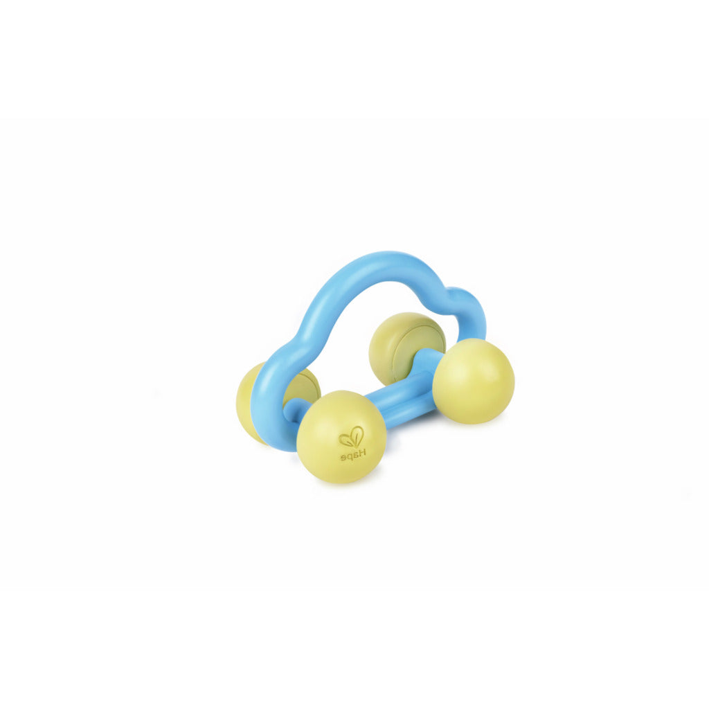 Carrinho chocalho Hape Rattle and Roll em material de arroz, leve e de toque suave para bebés