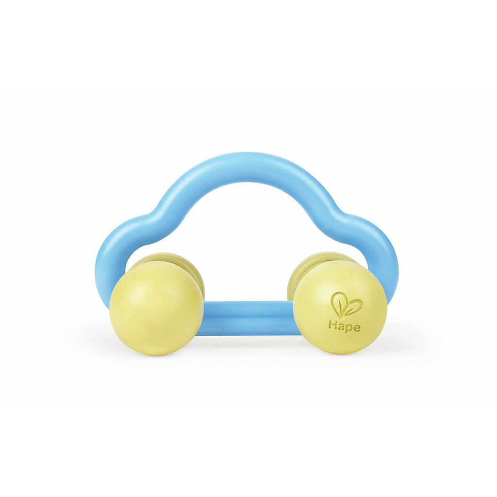 Carrinho chocalho Hape Rattle and Roll em material de arroz, leve e de toque suave para bebés