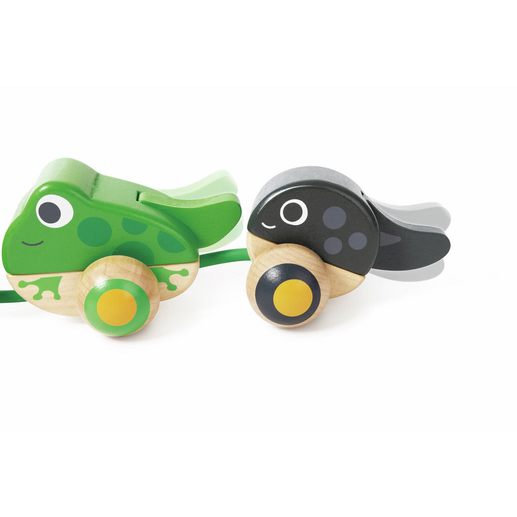 Brinquedo de puxar Hape em madeira com a mãe rã, a rã pequena e o girino presos por um cordel