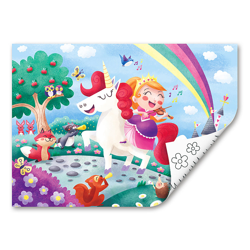 Vista completa da ilustração em contornos do Hape Puzzle de madeira Unicórnio 2 em 1, pronta para colorir.