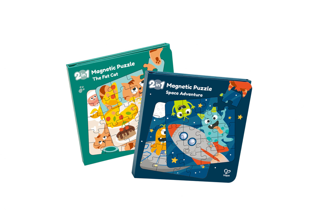 Livros puzzle magnéticos Hape 2 em 1 nos temas The Fat Cat e Space Adventure