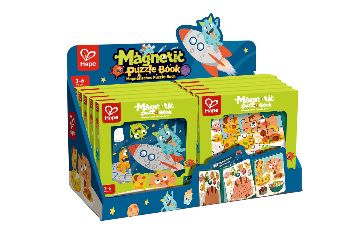 Livros puzzle magnéticos Hape 2 em 1 nos temas The Fat Cat e Space Adventure