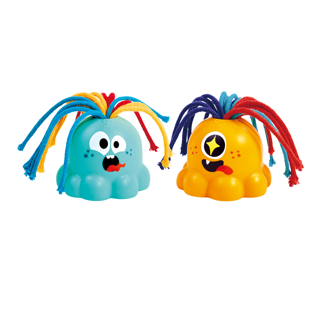 Brinquedos Hape Noisy Alien em azul e laranja, com cabelo de cordões coloridos