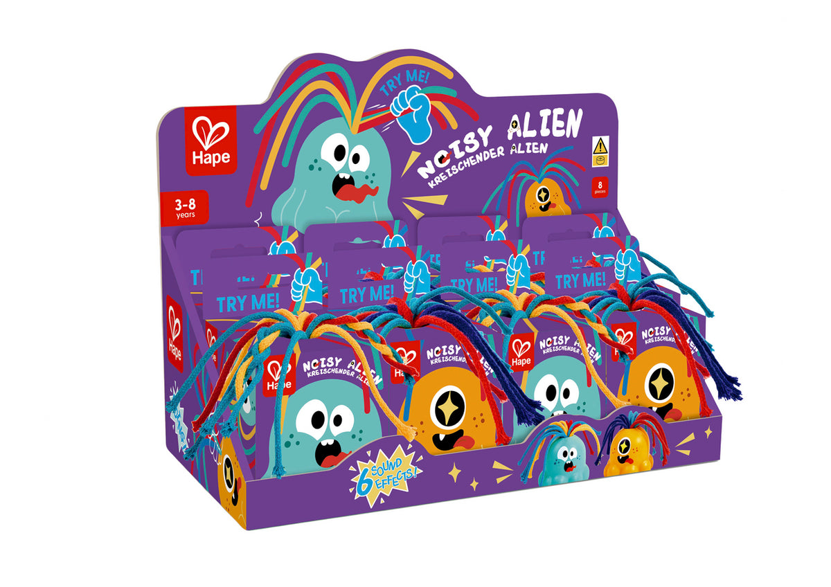 Brinquedos Hape Noisy Alien em azul e laranja, com cabelo de cordões coloridos