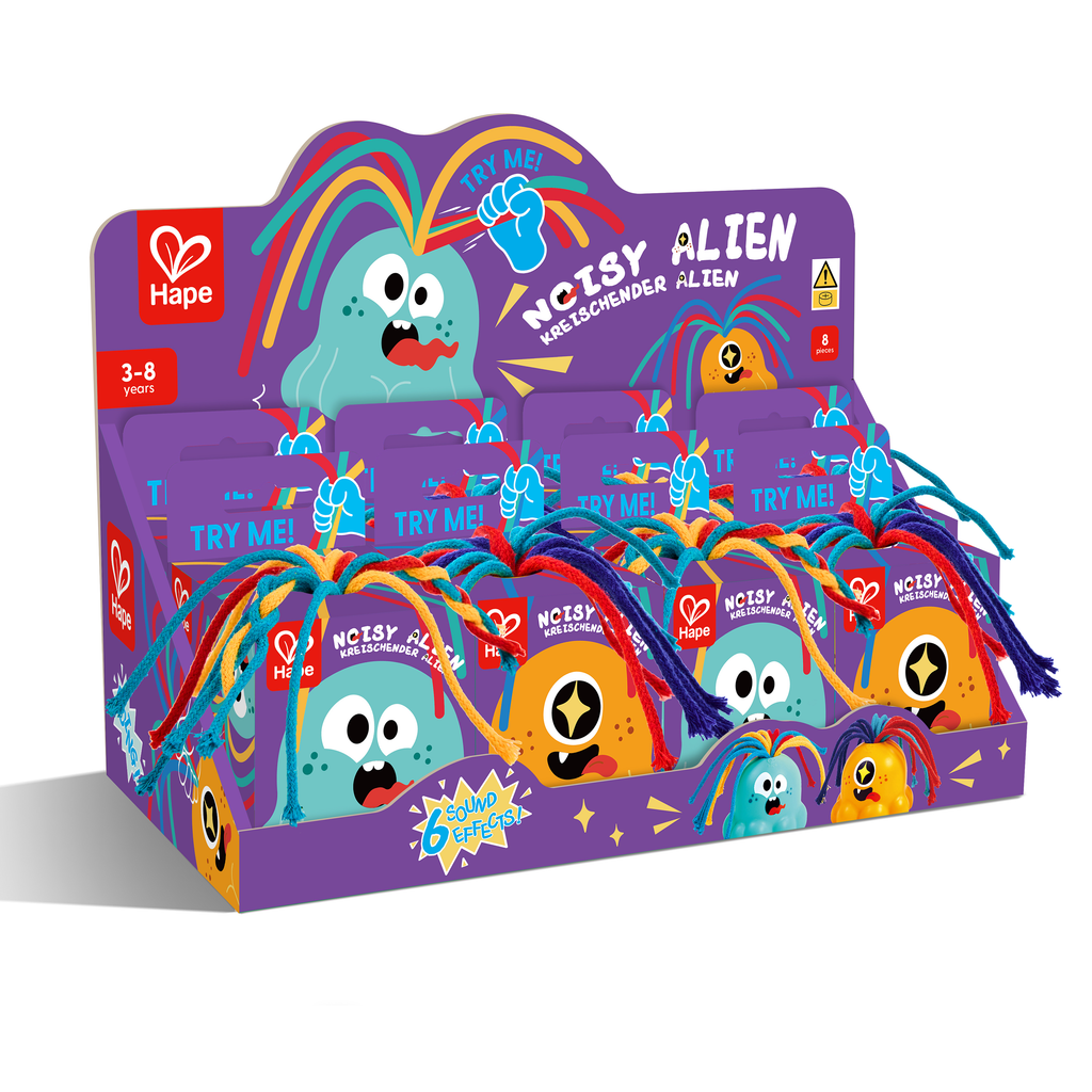 Brinquedos Hape Noisy Alien em azul e laranja, com cabelo de cordões coloridos