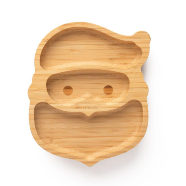Prato de bambu Eco Rascals em forma de Pai Natal, com divisórias, sem base de sucção visível.