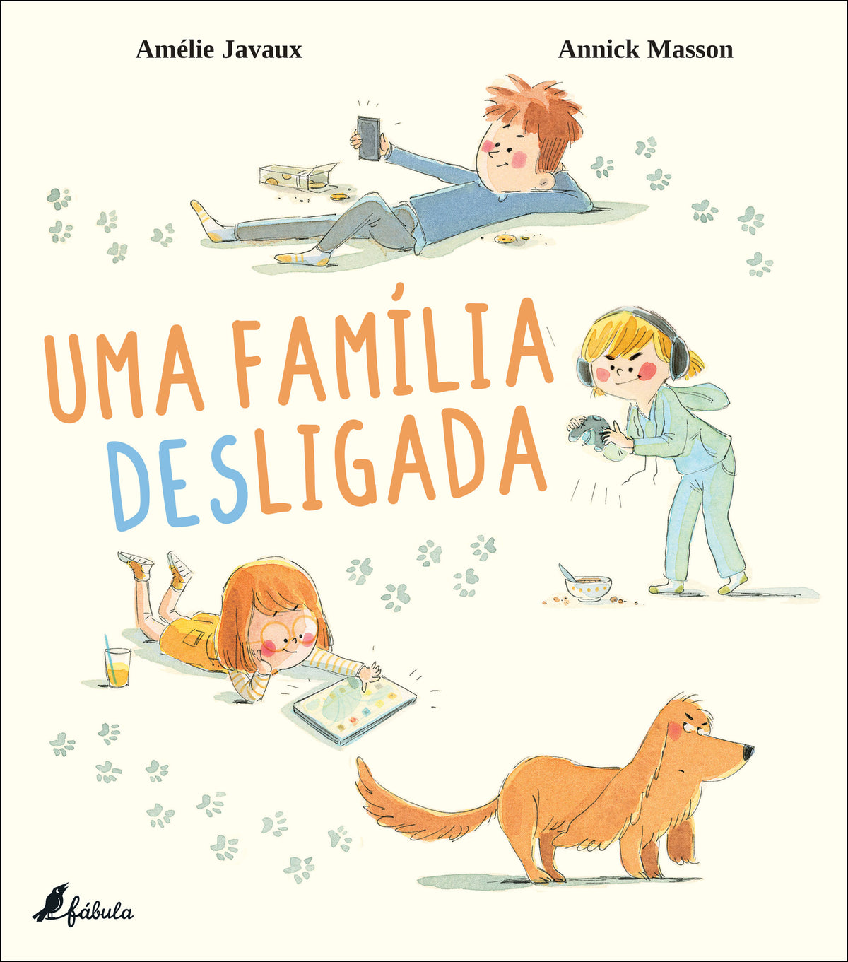 Capa do livro Uma Família Desligada de Amélie Javaux, com a família agarrada aos ecrãs e o cão Biscoito