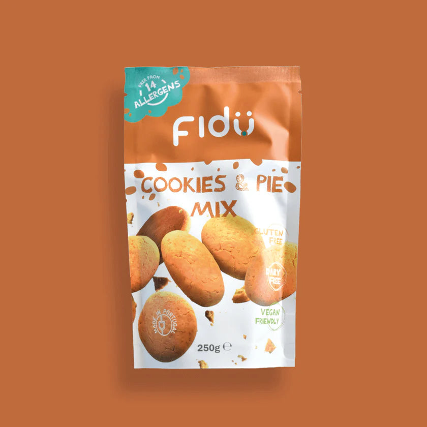 Embalagem frontal do Fidu Preparado Bolachas e Tarte s/ glúten 250gr, destacando "Free from 14 Allergens", "Gluten Free", "Dairy Free" e "Vegan Friendly".