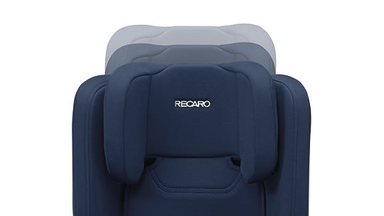 Vista frontal da cadeira auto Recaro Monza CFX em azul.