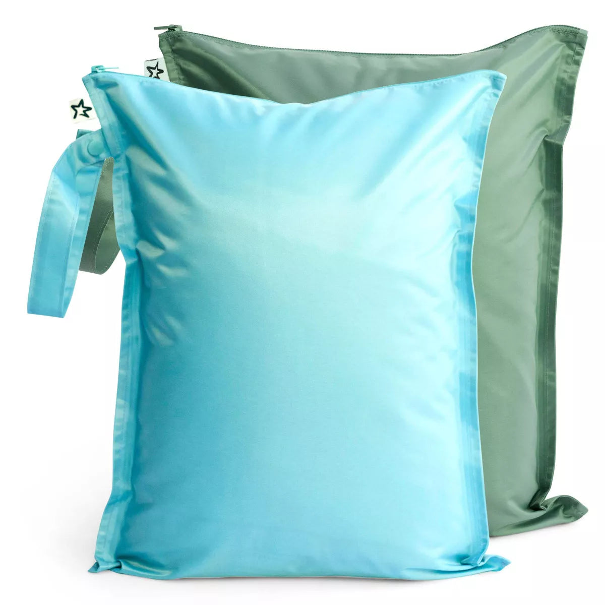 Conjunto de duas bolsas impermeáveis Tiny Twinkle em azul claro e verde azeitona, com fecho e alça prática.