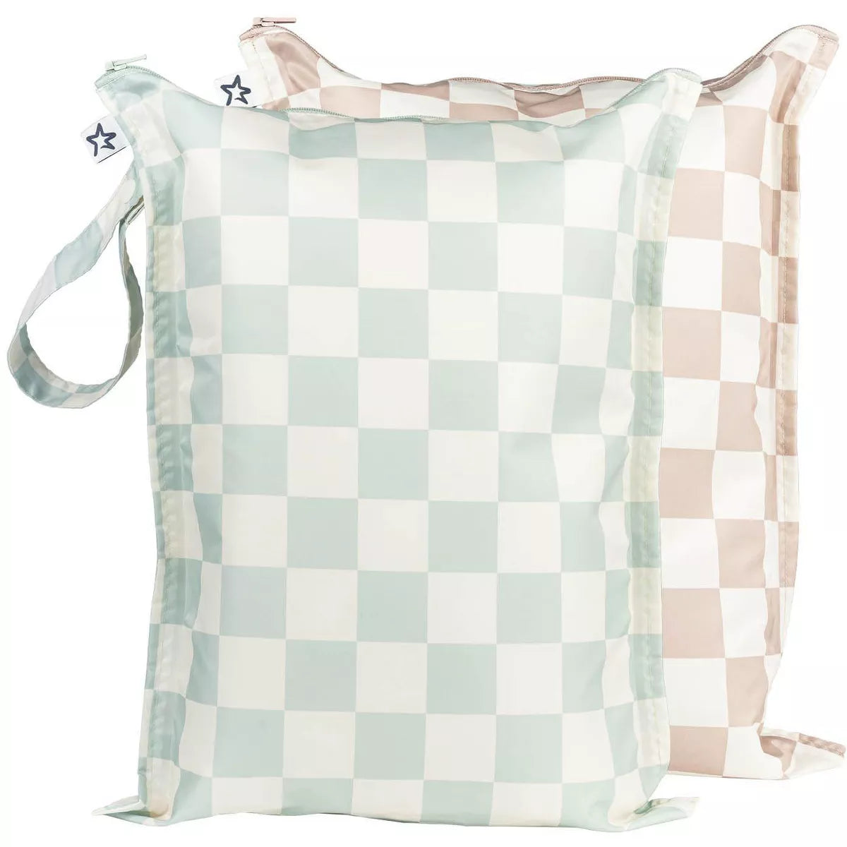 Conjunto de duas bolsas impermeáveis Tiny Twinkle com padrão de quadrados, uma em tons de verde-menta e branco, e outra em rosa claro e branco, ideais para organizar os essenciais do bebé.