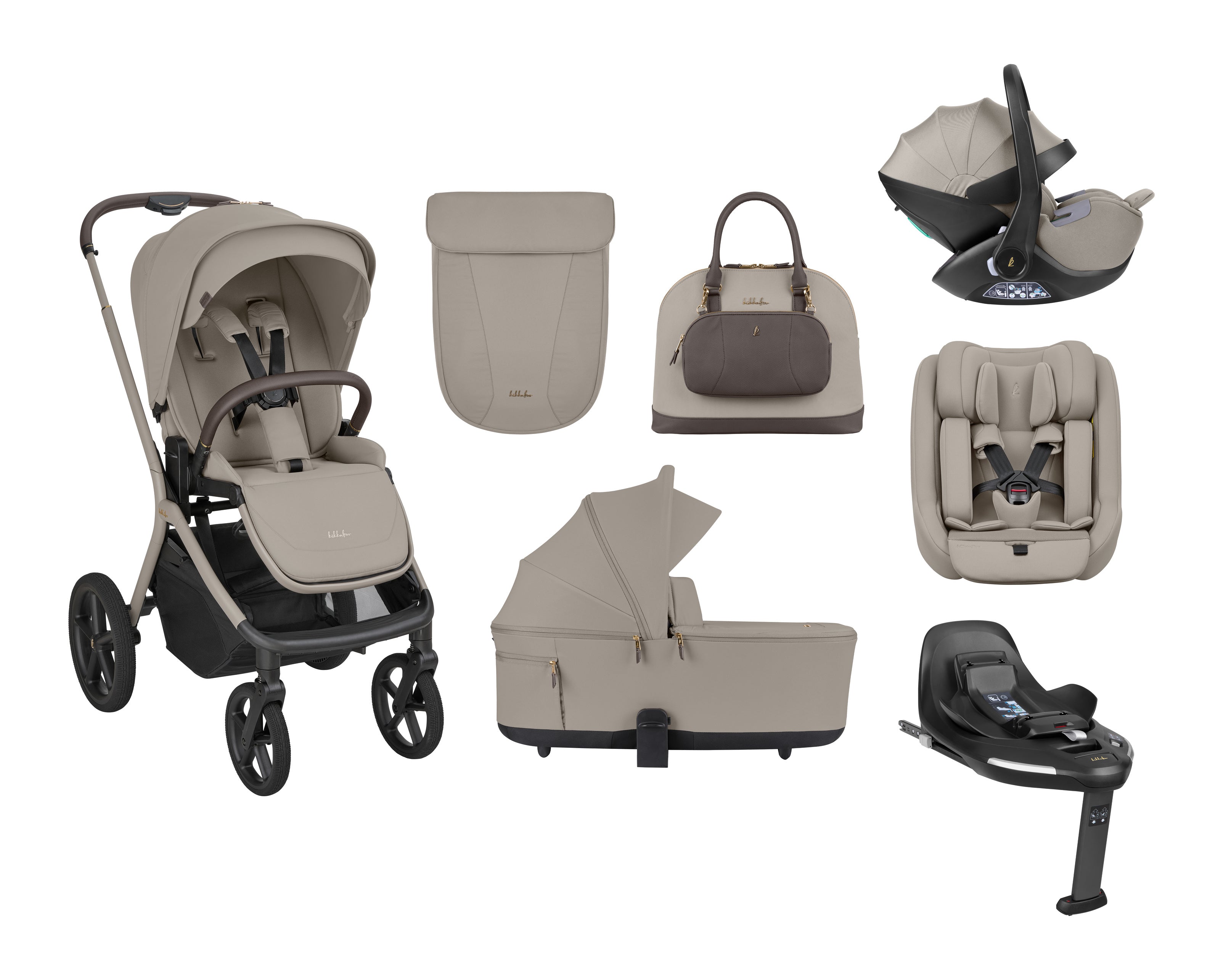 Imagem de um conjunto completo de carrinho de bebé Kikkaboo Goya Platinum em cor bege/castanho claro, mostrando o carrinho, alcofa, mala, ovo, cadeira auto e base ISOFIX.