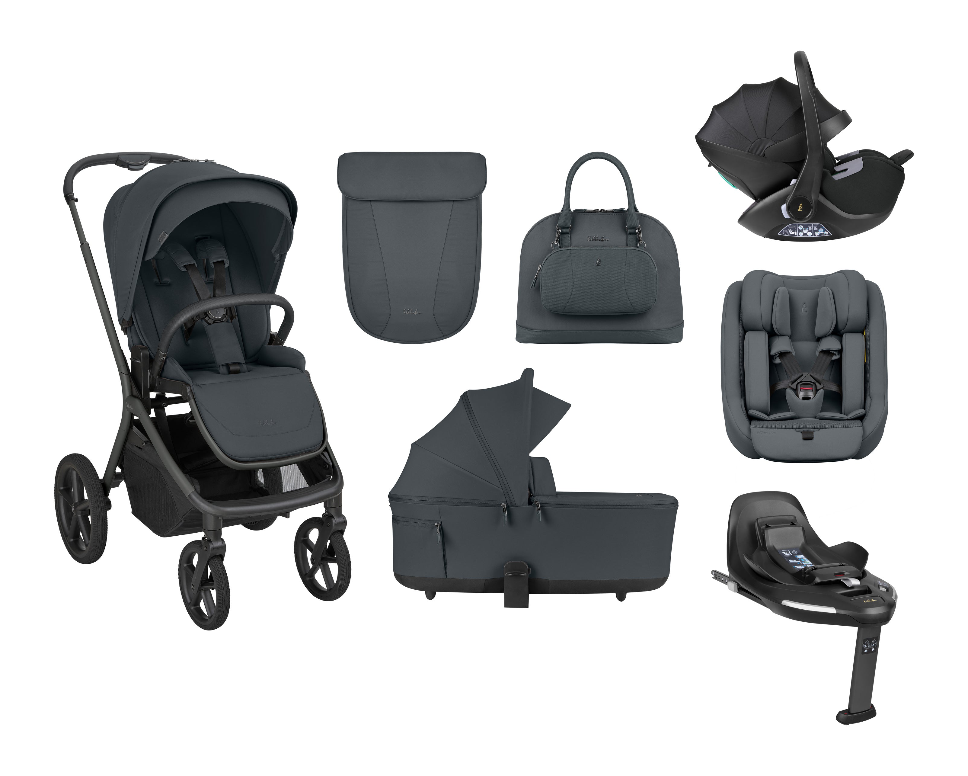 Imagem de um conjunto completo de carrinho de bebé Kikkaboo Goya Platinum em cor cinzento escuro, mostrando o carrinho, alcofa, mala, ovo, cadeira auto e base ISOFIX.