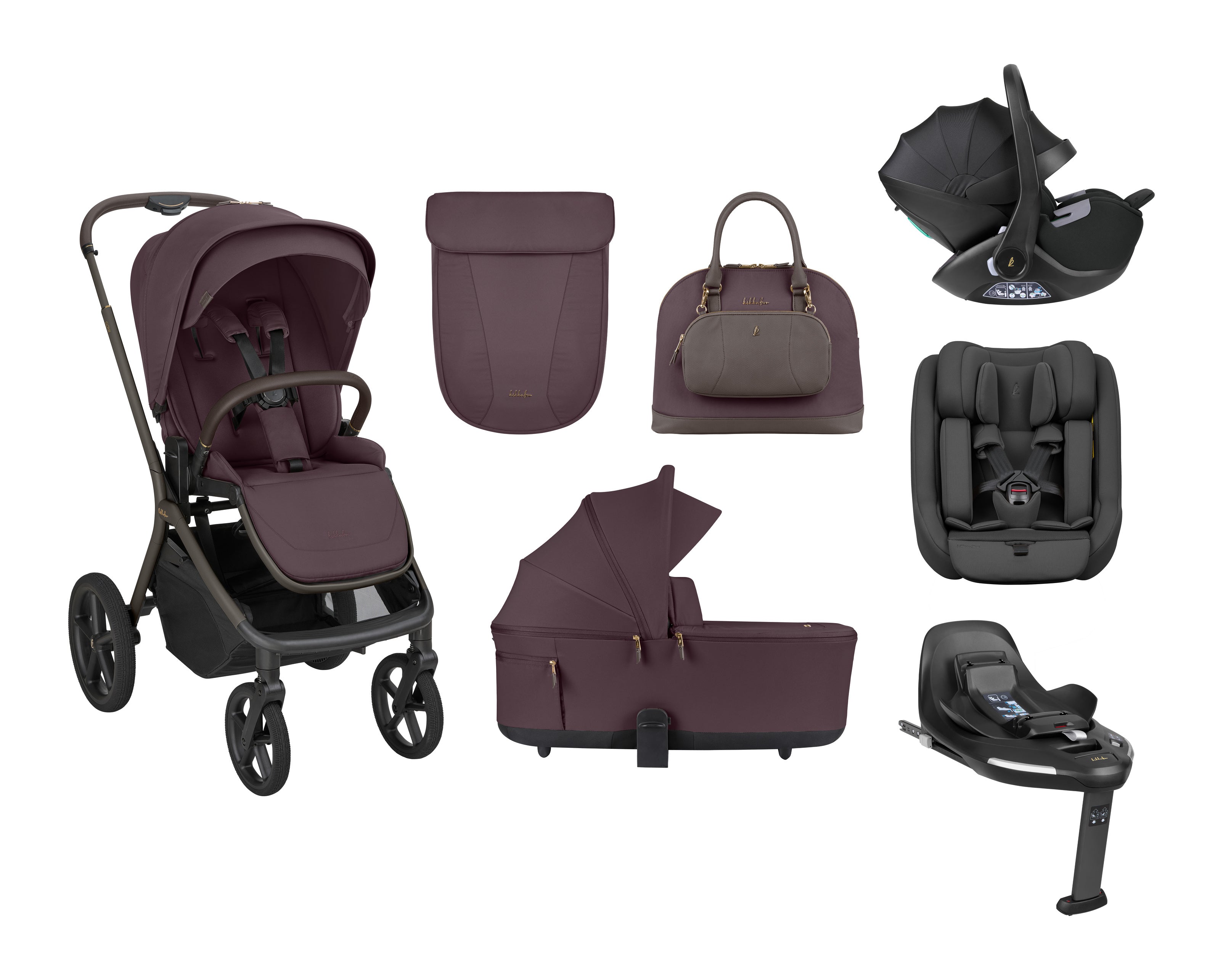 Imagem de um conjunto completo de carrinho de bebé Kikkaboo Goya Platinum em cor bordeaux/púrpura, mostrando o carrinho, alcofa, mala, ovo, cadeira auto e base ISOFIX.