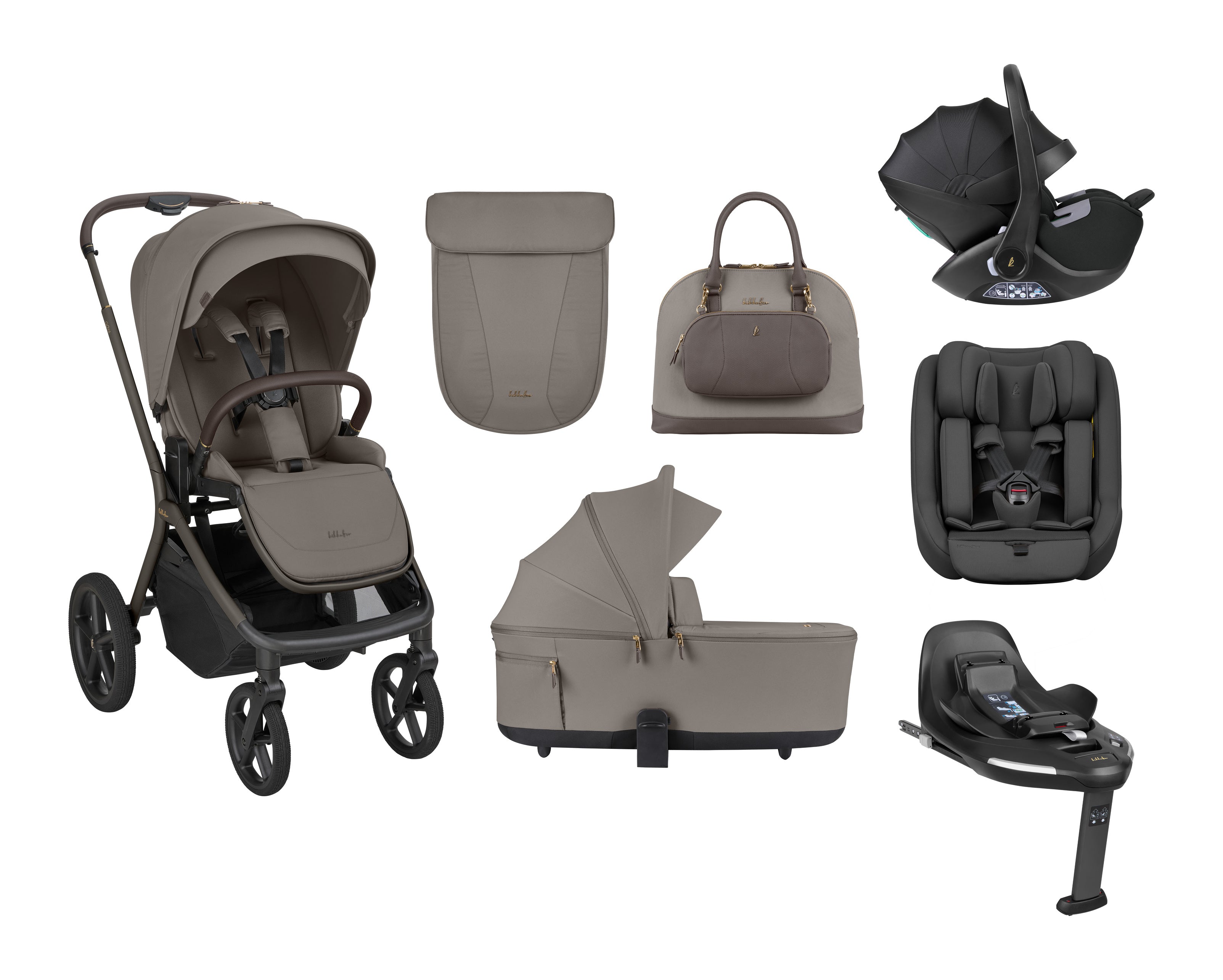 Imagem de um conjunto completo de carrinho de bebé Kikkaboo Goya Platinum em cor taupe/castanho claro, mostrando o carrinho, alcofa, mala, ovo, cadeira auto e base ISOFIX.