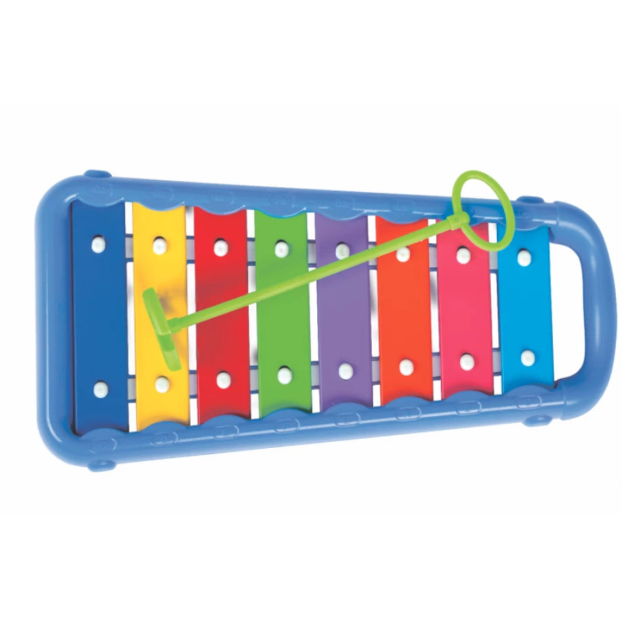 Xilofone Halilit azul com 8 barras coloridas (azul, amarelo, vermelho, verde, roxo, laranja, rosa, azul) e uma baqueta verde em cima.