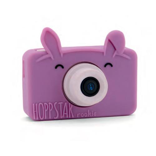 Máquina fotográfica digital Hoppstar Rookie Blossom roxa com orelhas de coelho, vista frontal, sobre fundo branco.