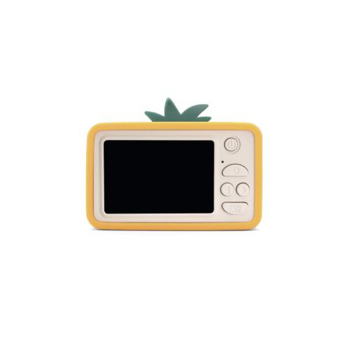 Parte traseira da máquina fotográfica digital Hoppstar Rookie Pina Coolada, mostrando o ecrã preto e botões de controlo brancos.