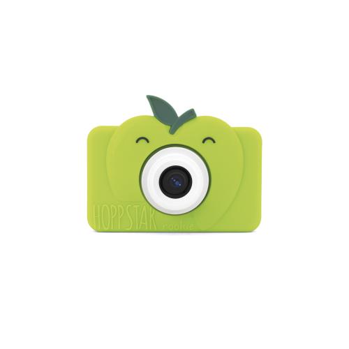 Máquina fotográfica digital Hoppstar Rookie Mr. Smithy em verde, vista frontal com design de maçã sorridente.