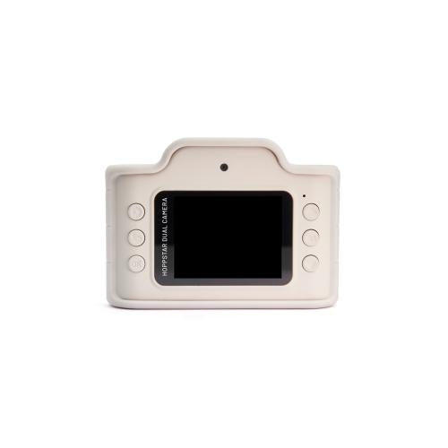 Vista traseira da Hoppstar Máquina Fotográfica Digital Expert em branco, mostrando o ecrã preto e os botões de controlo laterais.