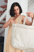 Shopper bag MolisandCo Blue Stripes em algodão macio e resistente, com asas largas, saco espaçoso para o dia a dia