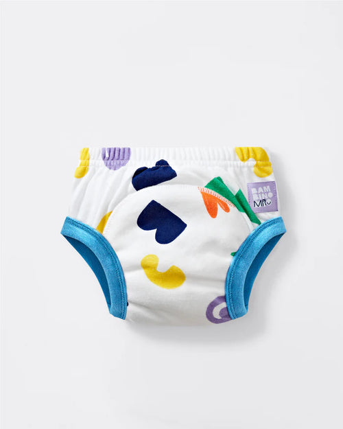 Cueca/fralda de aprendizagem Bambino Mio Potty Training Pants (Pop) com padrão colorido, vista frontal detalhada.