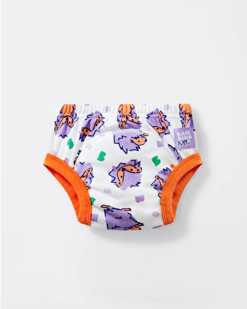 Cueca/fralda de aprendizagem Bambino Mio Potty Training Pants com padrão "Spike" de dinossauros roxos e bordos laranja, vista frontal.