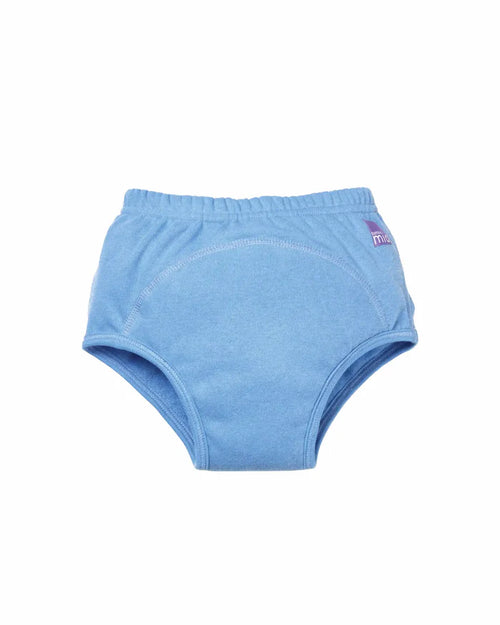 Cueca de aprendizagem reutilizável Bambino Mio Potty Training Pants em azul, vista frontal, com elásticos suaves.