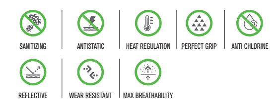 Ícones de características das meias Pool Kids – Infografia com ícones destacando as principais propriedades das meias: antibacterianas, antiderrapantes, resistentes ao cloro, ajuste perfeito, proteção térmica e respirabilidade.