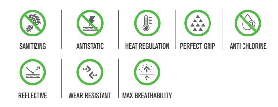 Ícones de características das meias Pool Kids – Infografia com ícones destacando as principais propriedades das meias: antibacterianas, antiderrapantes, resistentes ao cloro, ajuste perfeito, proteção térmica e respirabilidade.