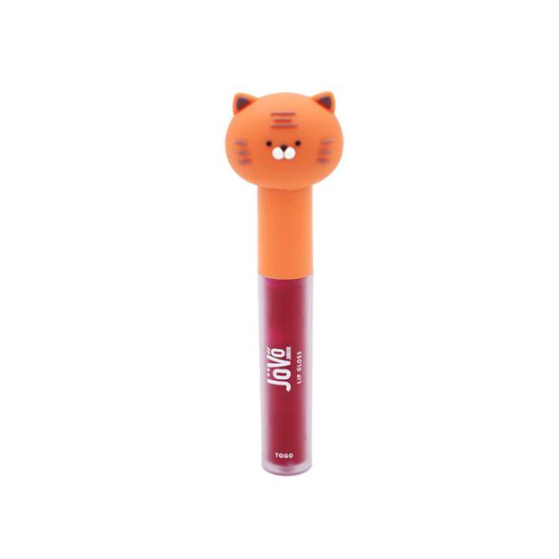 Lip gloss Inuwet Animais "Togo" com embalagem em forma de tigre laranja, mostrando o brilho labial vermelho escuro.