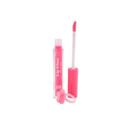 Lip Gloss Sweet de cor rosa vibrante, com o aplicador fora do frasco e um anel cor-de-rosa em forma de laço na base, sobre fundo branco.