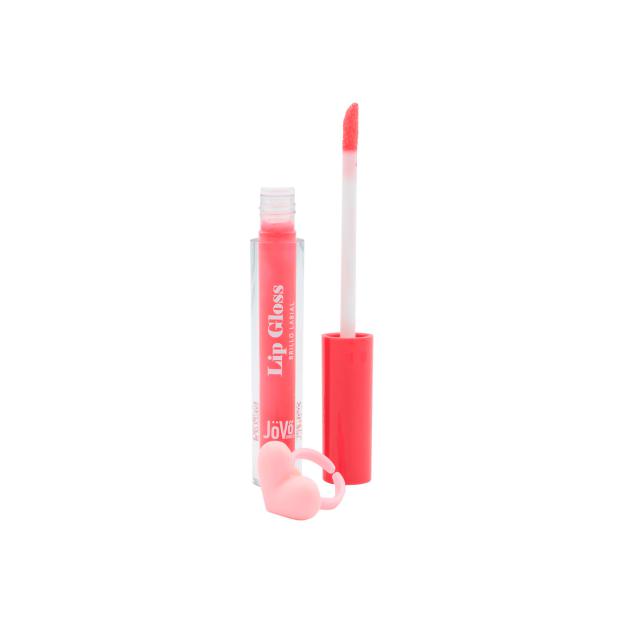 Lip Gloss Sweet de cor coral, com o aplicador fora do frasco e um anel cor-de-rosa em forma de coração na base, sobre fundo branco.