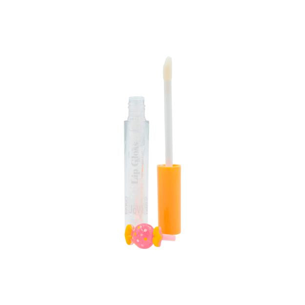 Lip Gloss Sweet transparente com brilhos, com o aplicador fora do frasco e um anel amarelo e rosa em forma de doce na base, sobre fundo branco.