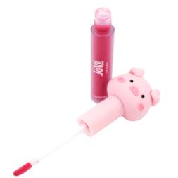 Lip gloss Inuwet Animais aberto, com embalagem em forma de porco rosa e aplicador, revelando o brilho labial rosa vibrante.