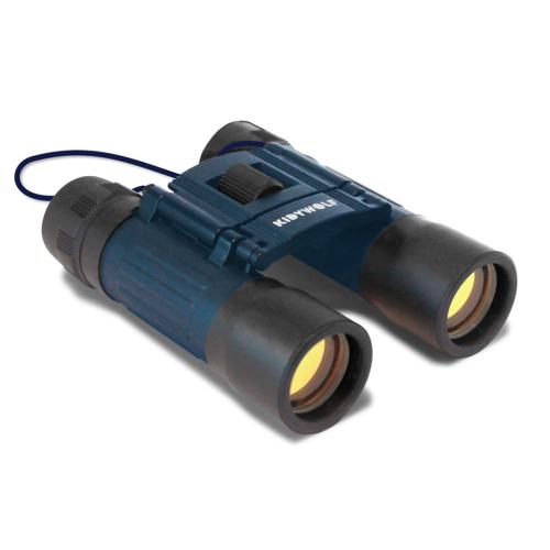 Binóculos Kidywolf 10x25 de cor azul-escura com lentes amarelas e correia, vistos em ângulo sobre fundo branco.