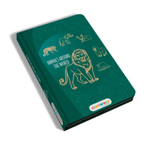 KidyWolf Tablet de desenho com caneta - Animais Selvagens, capa verde escura com ilustrações douradas de leão e outros animais.